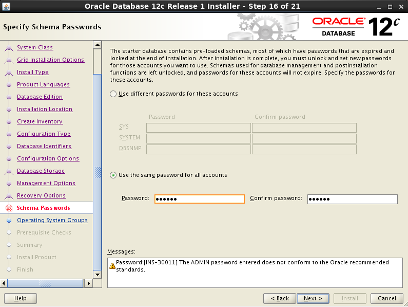 Specify Schema Passwords