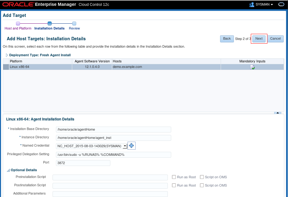 Add Host Targets: Installation Details-OK